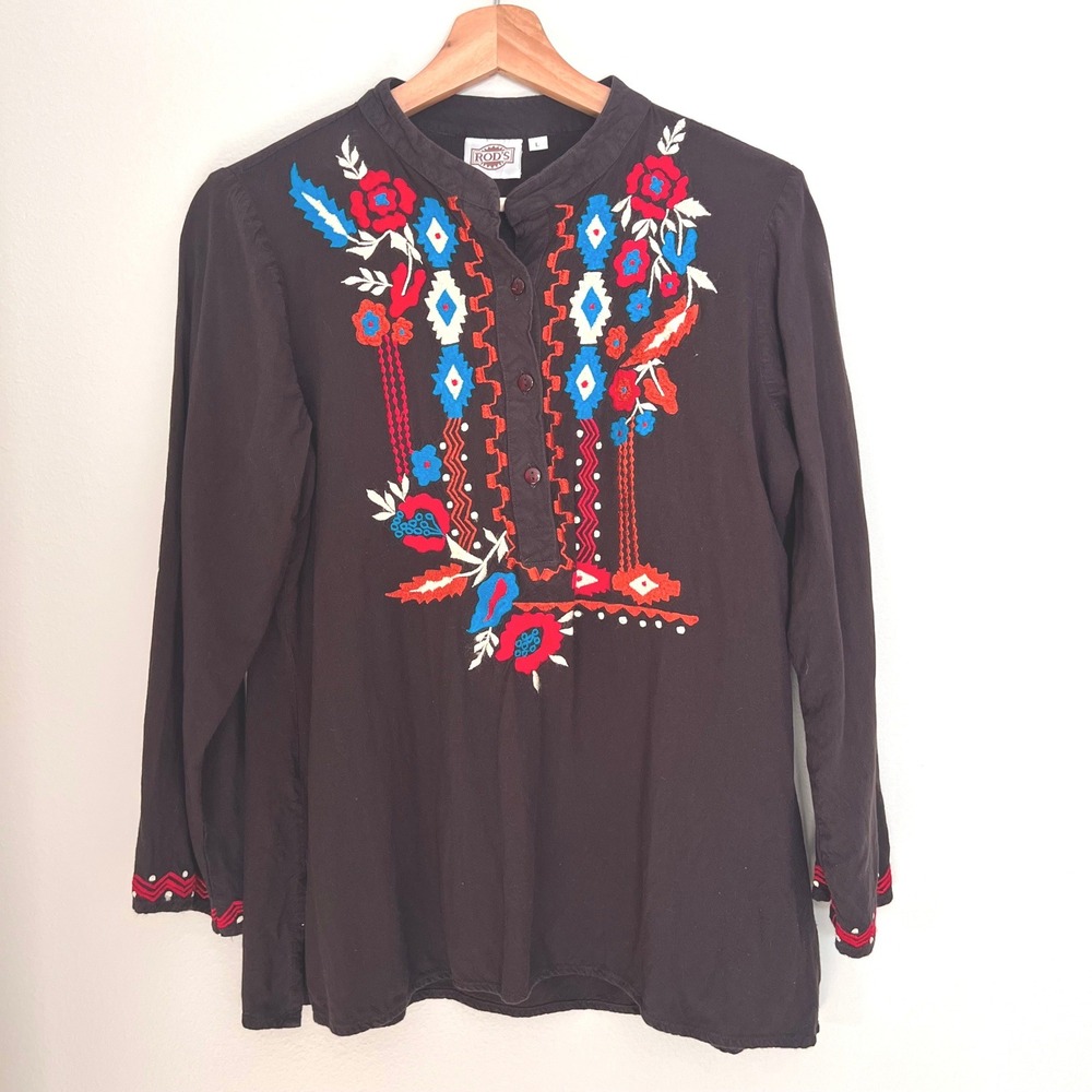 Rods Western Embroidered Floral Aztec Cowgirl Henley Top Brown Women's Large
